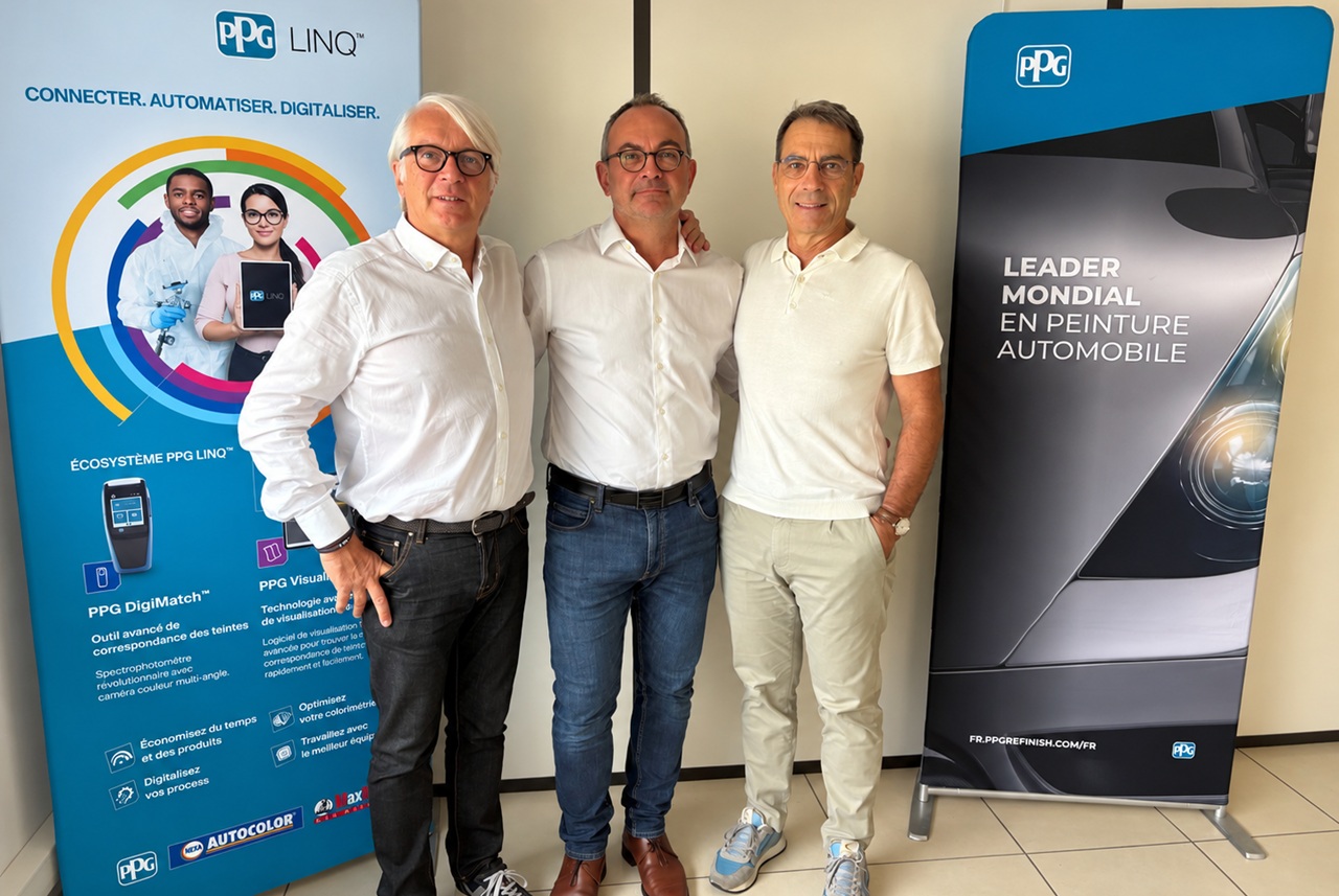 Éric Mallen, président du Groupe EPS, Arnaud Racapé, directeur de PPG Automotive Refinish France, et Laurent Menneson, directeur opérationnel d’EPS-DPS.