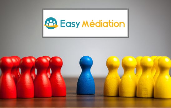 Mediation concept with pawn figurines on table, grey background